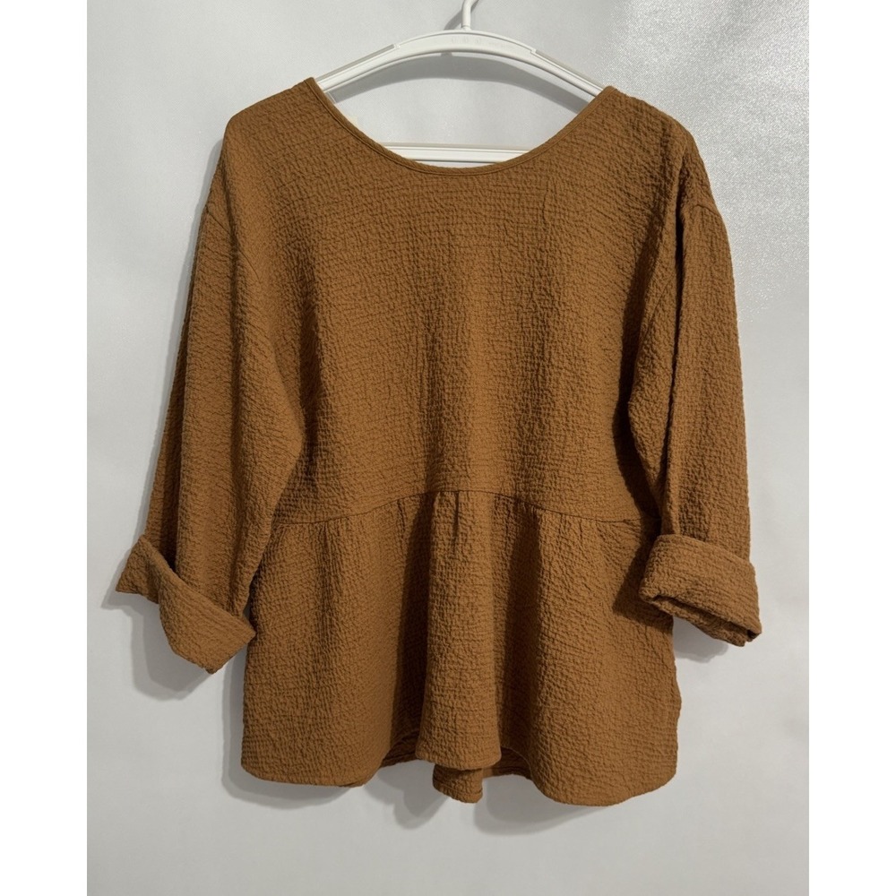 Madewell Small Brown Textured Peplum Top Long Sleeve Tie Back NG940 Womens NWT